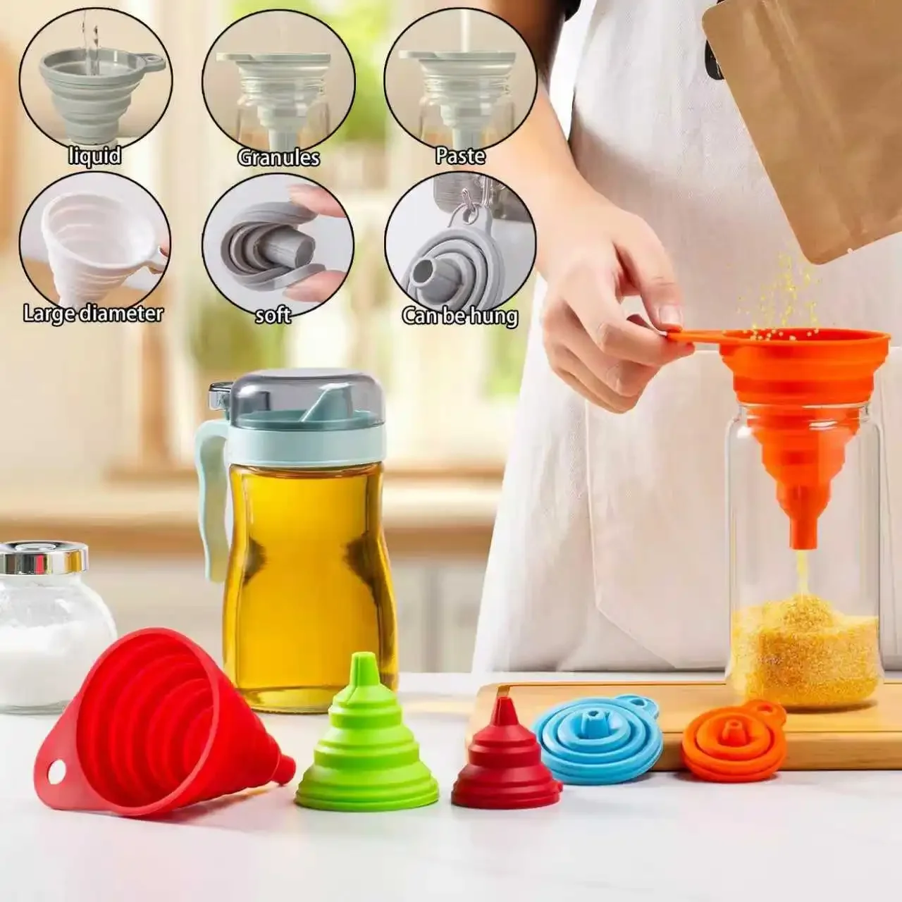 Food-Grade Silicone Foldable Funnel 2-in-1 Motorcycle Engine Oil Petrol Filling Tool Mini Portable Funnel for Household Kitchen
