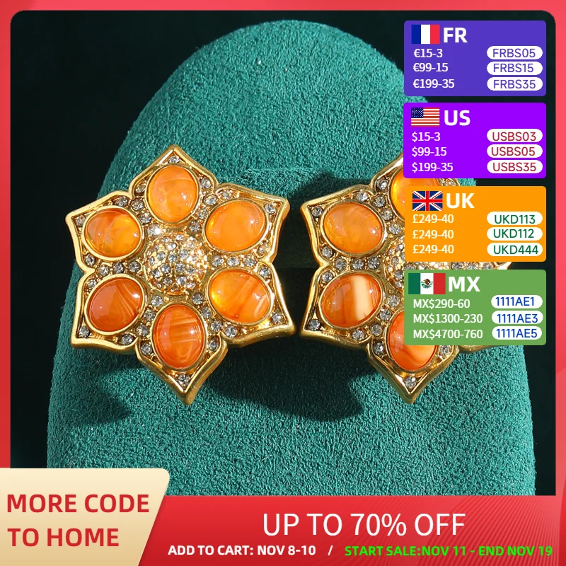 

Luxury Designer Large Snowflake Earrings Studs Orange Rhinestones Statement Gold Color Vintage Jewelry High Quality Accessories