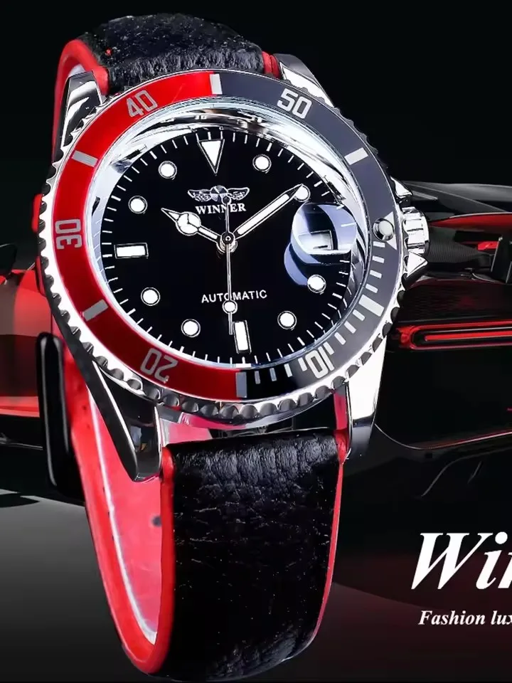 WINNER 002, мужские механические часы, модные роскошные стильные автоматические часы с датой, деловые наручные часы с черным кожаным ремешком для мужчин