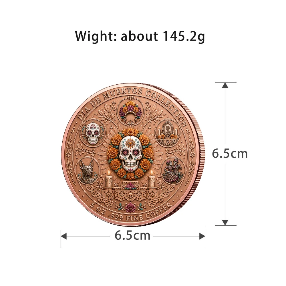 Dia De Muertos 5oz .999 Fine Copper Medal High Relief  Day of the Dead Marigold Art Collectible Ornament Holiday Souvenir Gift
