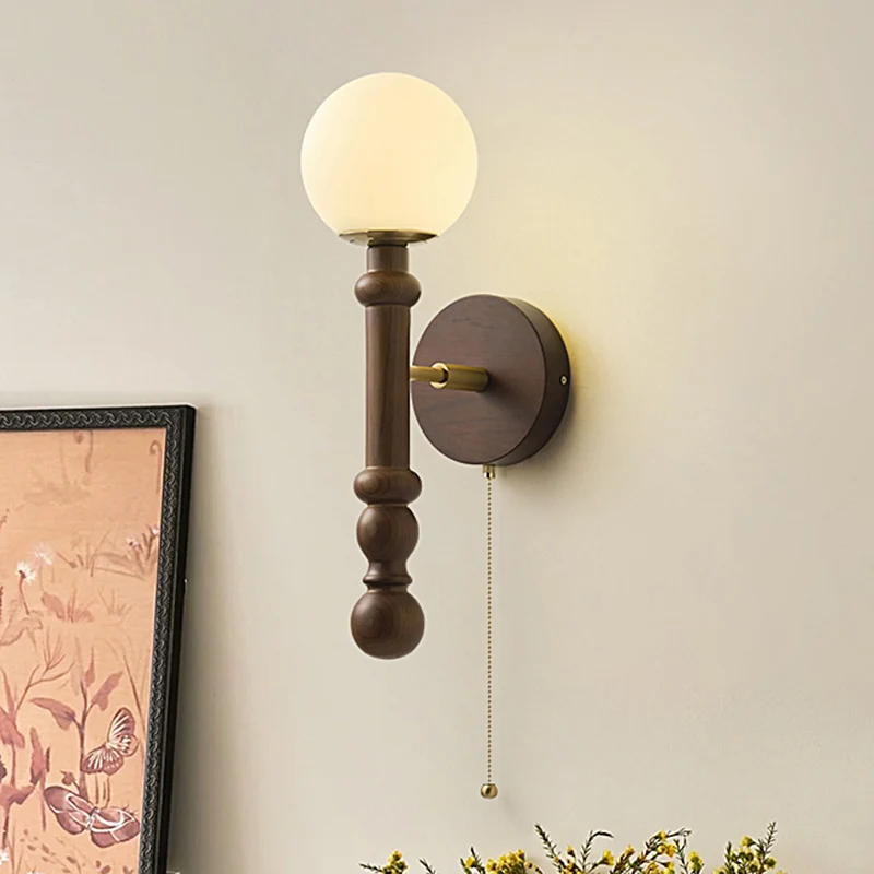 Wabi-Sabi Style Retro Wood Wall Lamp French Middle-Aged Vintage Living Room Bedroom Staircase Balcony Bedroom Headlight