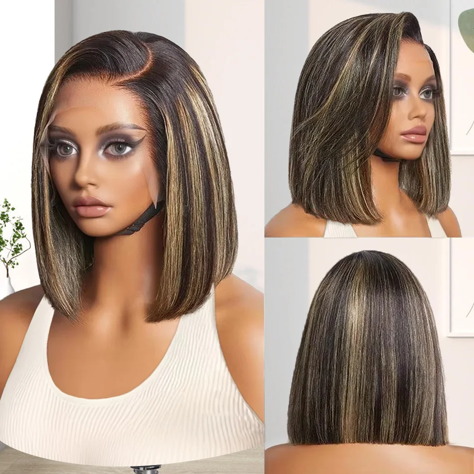 Ombre Blonde Highlight Silky Straight PreMax Wigs Glueless 5x5 Ear-to-ear Lace Bob Wig 100% Human Hair 1 Sec Install Wig