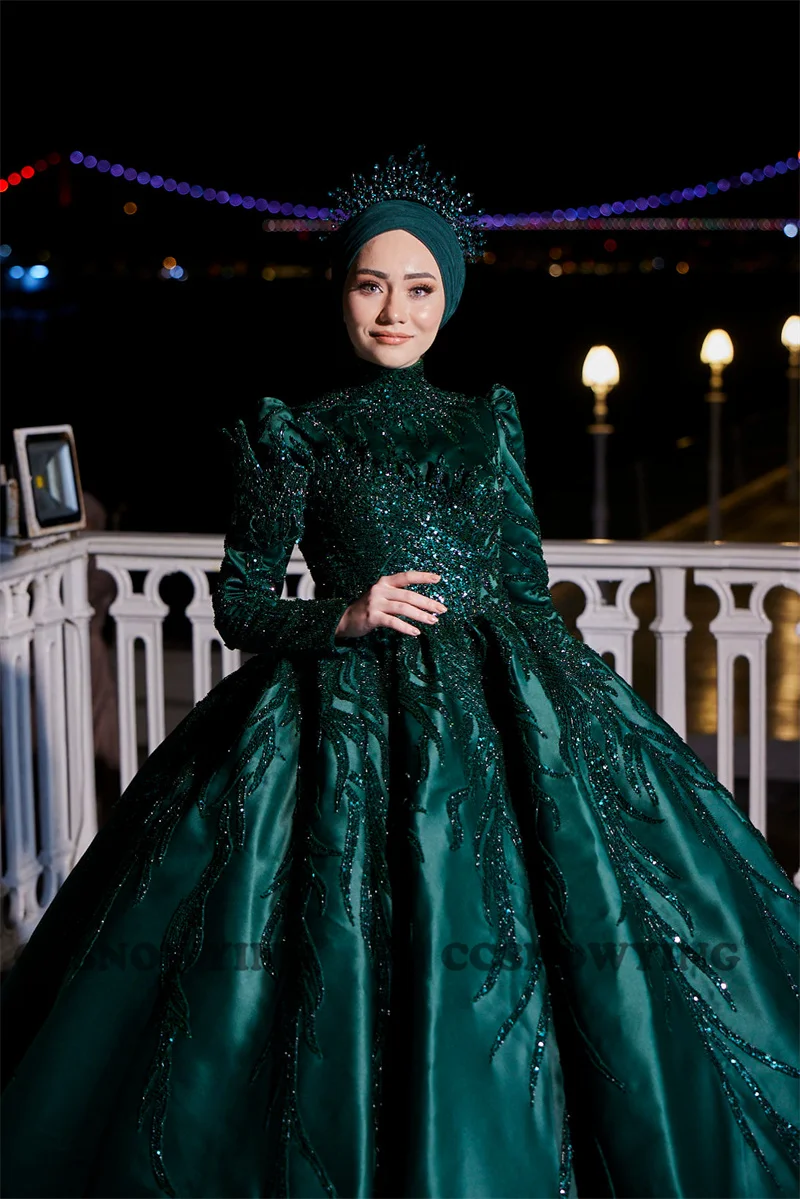 Cetim frisado vestido de noite manga longa vestido de baile de alta pescoço arábia islâmica dubai formal festa baile vestido hijab robe de soiree