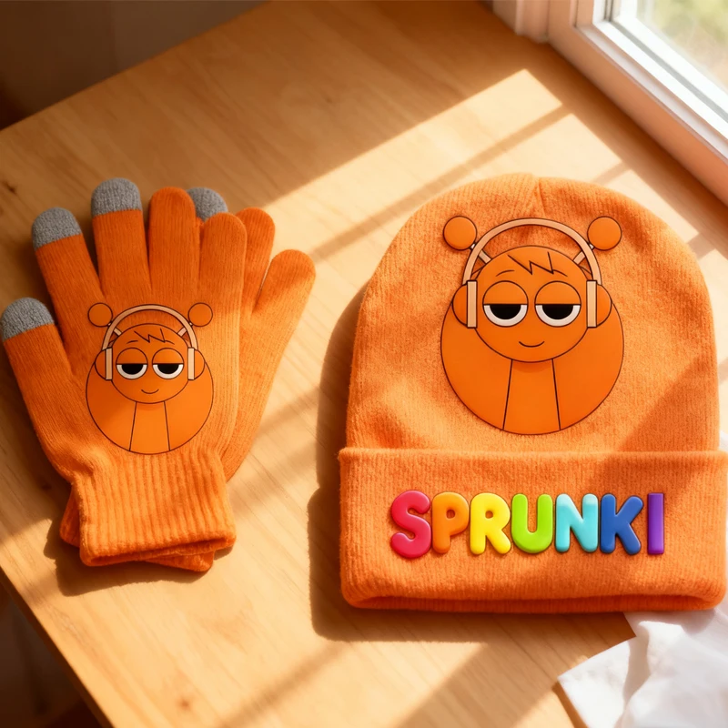 Детские шапочки Sprunki, комплект перчаток, хит продаж, музыкальная игра, вязаные варежки с принтом, шапки для мальчиков и девочек, зимняя вязаная шапка с героями мультфильмов, перчатки