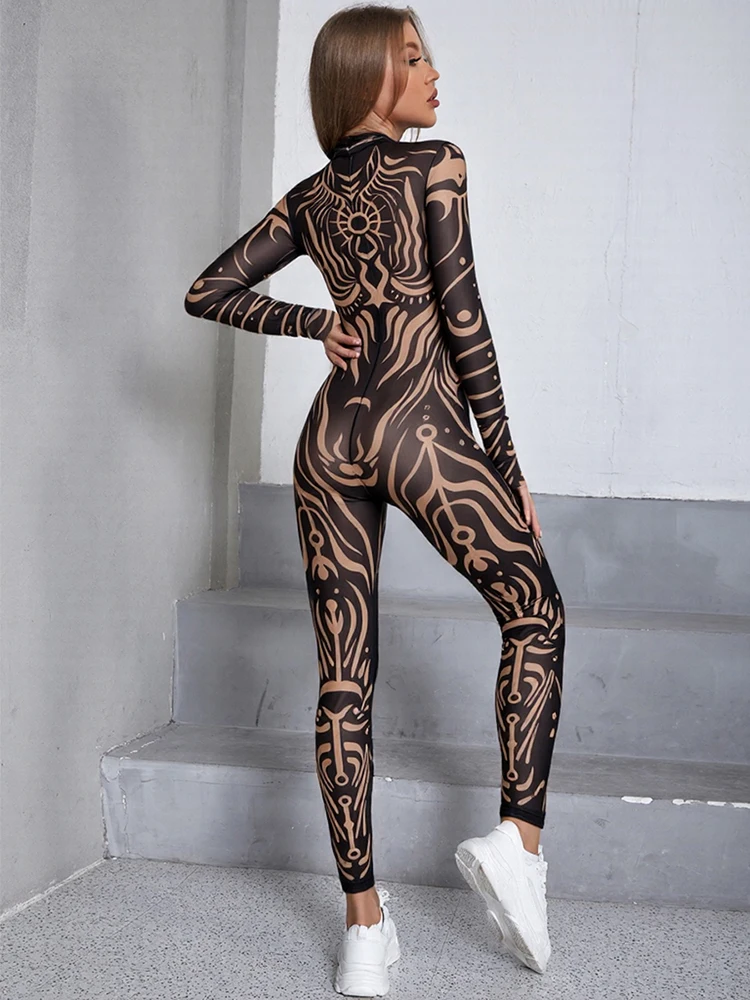 Sisterlinda Sexy Mode Imprimer Combinaisons Femme Col Roulé Manches Complètes Voir À Travers Skinny Pêche Hanche Rue Salopette de Style Sauvage