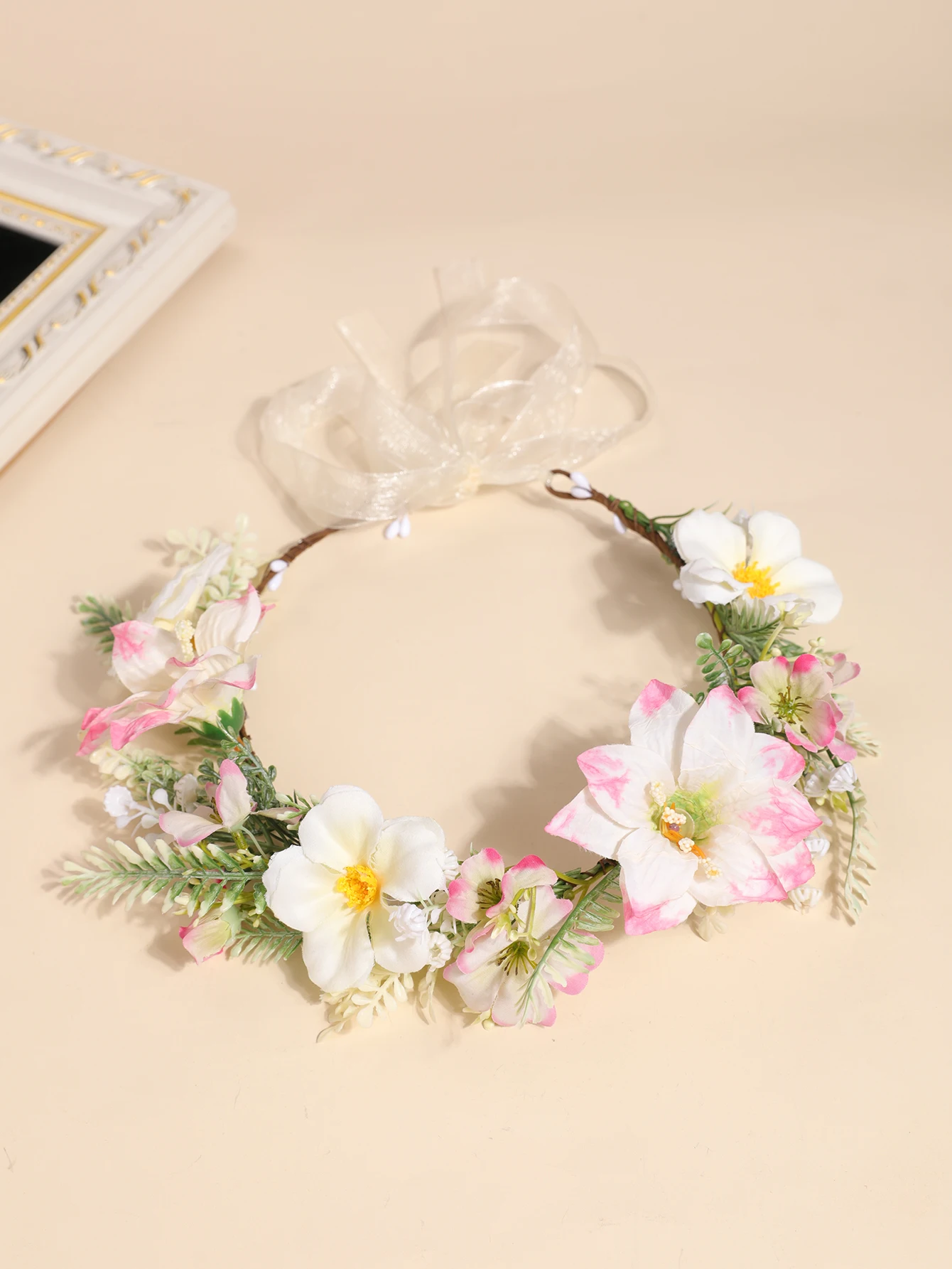 Handmade Blue and White Floral Headband, Fairy-Like Mesh Ribbon Flower Hair Accessory, Outdoor Wedding Photo Shoot Pastoral Style Flower Crown image 5