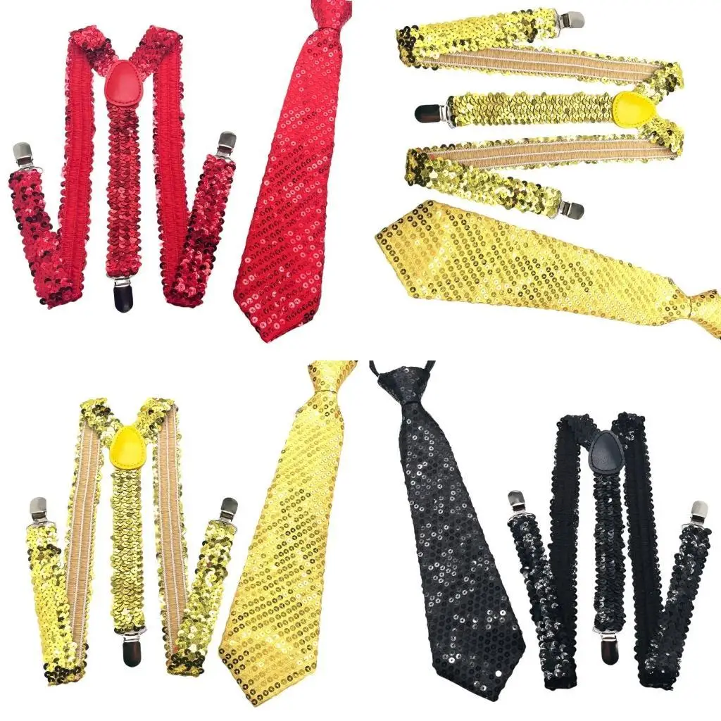 

39BD Elastic Y Back Suspenders for Men with Neckties Glittering Sequined Brace Tie Set for Formal Event and Casual Wear