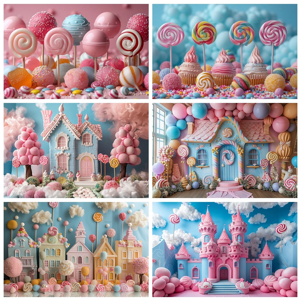 

Candy Pink Castle Colorful Lollipop Princess Baby Birthday Party Photo Background Portrait Photography Studio Background Cloth