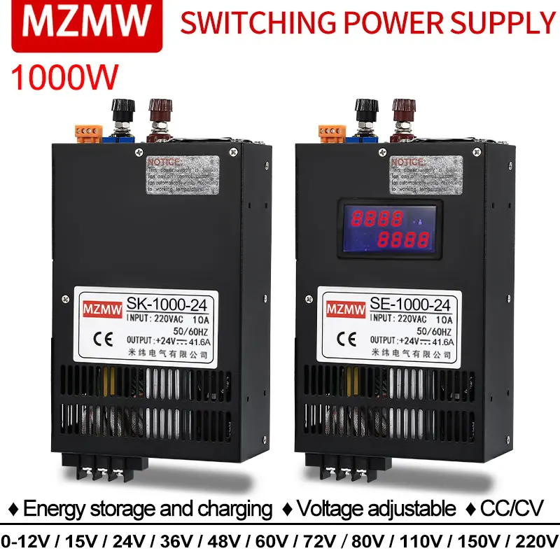 MZMW 1000W Adjustable Switching Power Supply 0-12V 15V 24V 36V 72V 80V 110V 150V 220V 48V 60V Ac To Dc CC/CV Industrial Smps LED