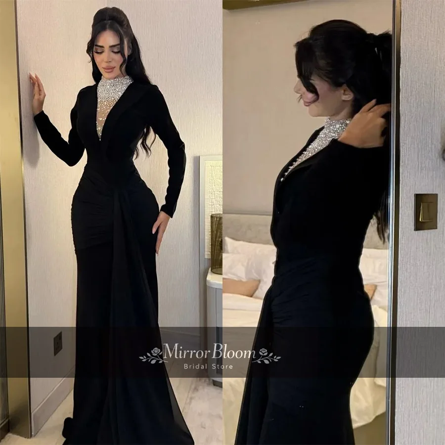 Customized Elegant Black Long Sleeve Floor Length Dress Women Beaded High Neck Blazer Style Formal Evening Party Prom Gown Trail