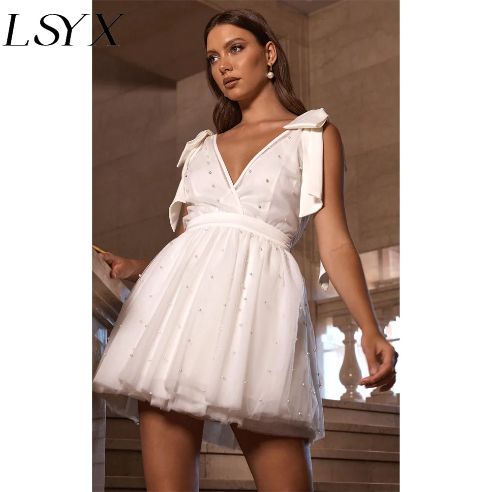 LSYX V-Neck Sleeveless Bow Straps Beaded Tulle Mini Wedding Dress For Women 2023 A-Line Above Knee Short Bridal Gown Custom Made