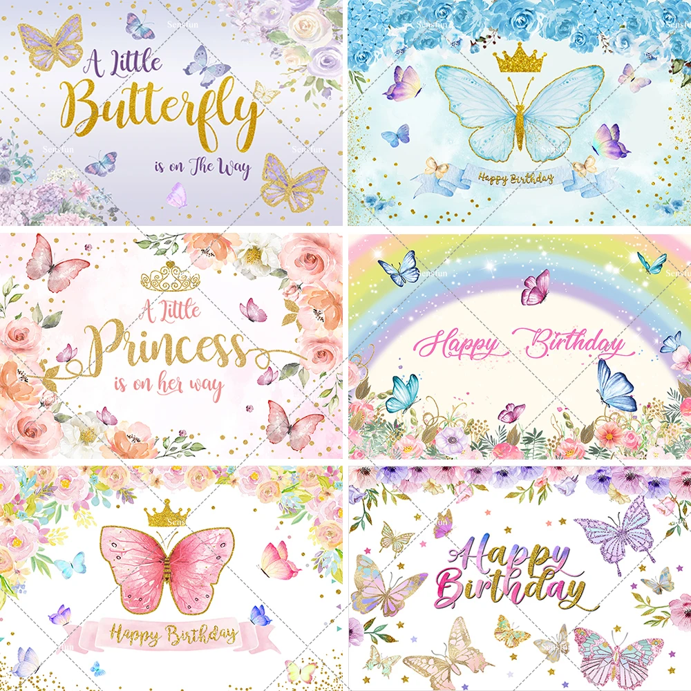 حالمة فراشة موضوع التصوير خلفية الأزهار تاج الفتيات استحمام الطفل حفلة عيد ميلاد المشهد الديكور راية خلفية