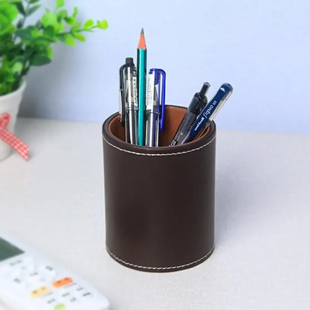 Useful Faux Leather Pen Container Wear Resistant All-Purpose Makeup Brush Pen Ruler Pencil Storage Jar Multipurpose