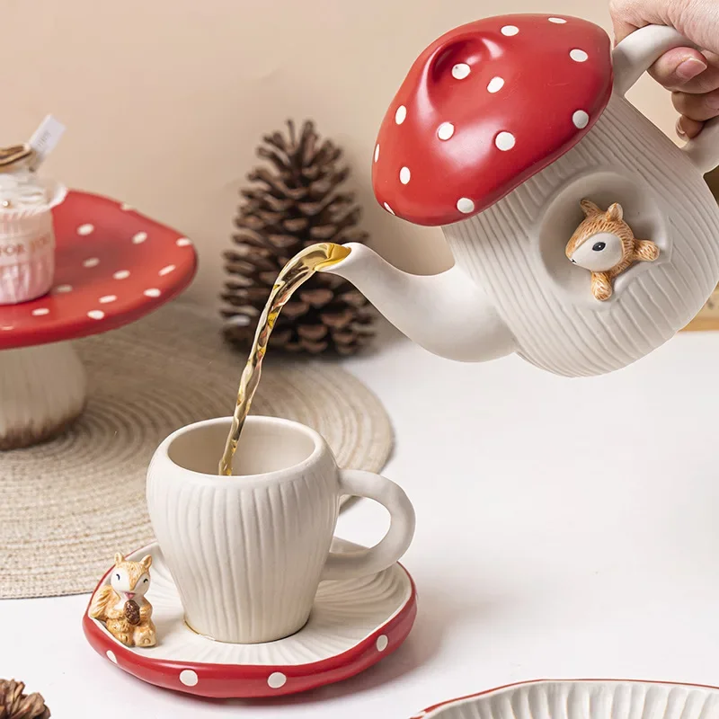 Cute Girl Heart Bowl Set Ceramic Household Floral Tea Teapot Kettle Dessert Plate Cup Saucer Red Mushroom Cutlery