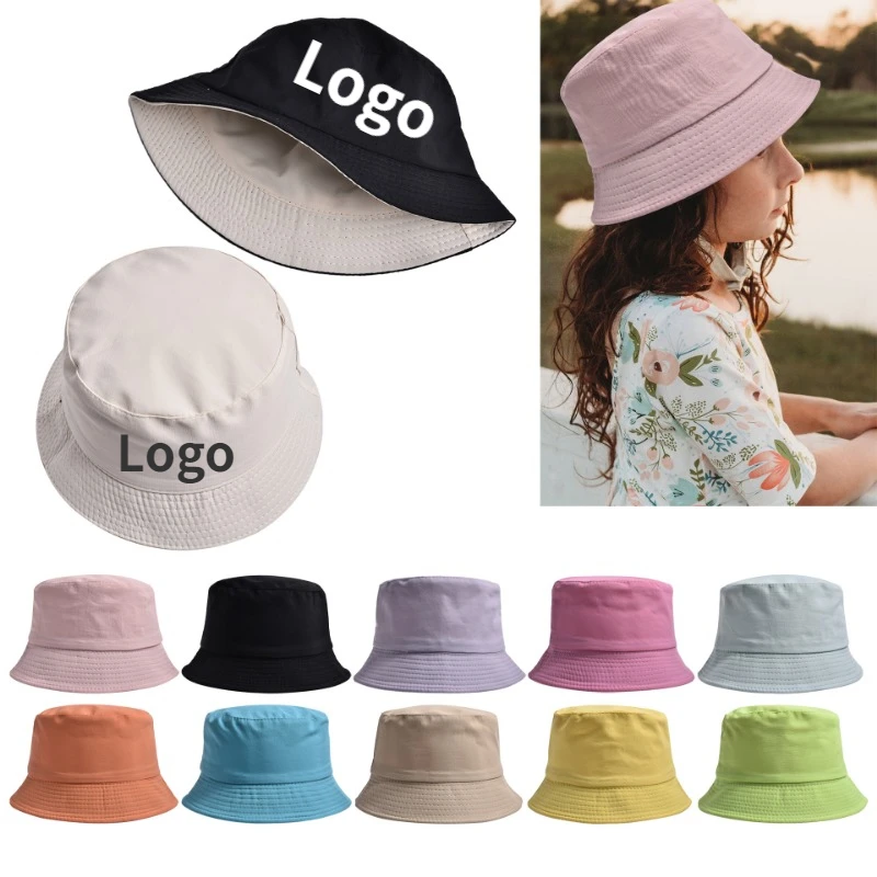 Custom Logo Children Double-sided Solid Color Bucket Hat Outdoor Shade Sun Protection Boys and Girls Foldable Panama Bob Cap