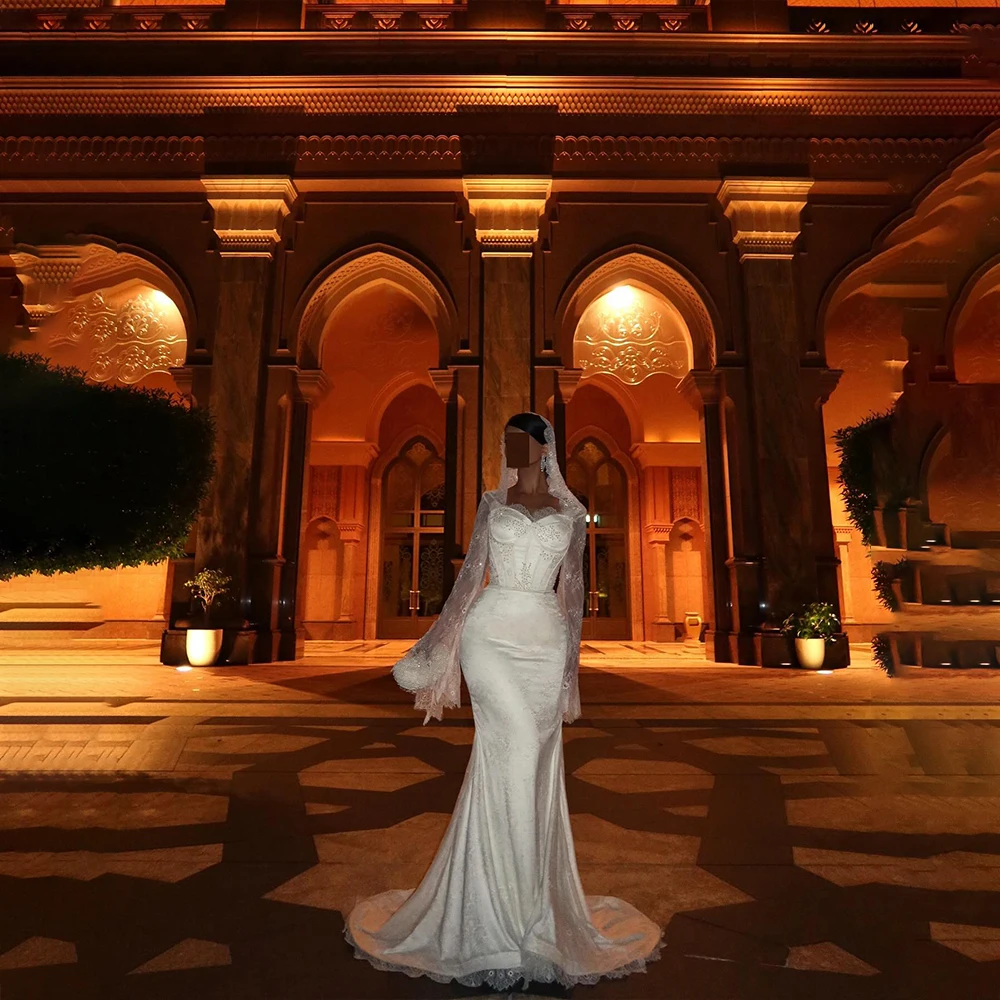

Sexy Wedding Dresses Sweetheart Lace Long Sleeve Mermaid Bride Dress Beading Sweep Train Bridal Gown Customized robe de mariée