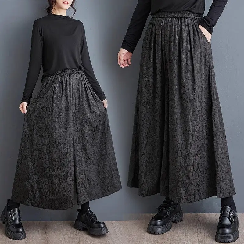 

Retro Jacquard Straight Wide Leg Pants Large Size Women's Clothes 2024 Autumn Fashion High Waist Casual Trousers Culottes k2469