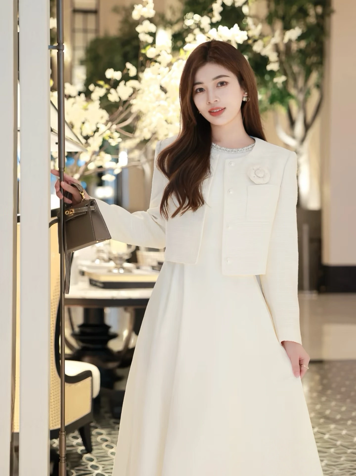 

Women's White Jaet Vest Dr Set Commute Par Korean Sle mid Waist Long Sve Zipper round Ne Evening Gown