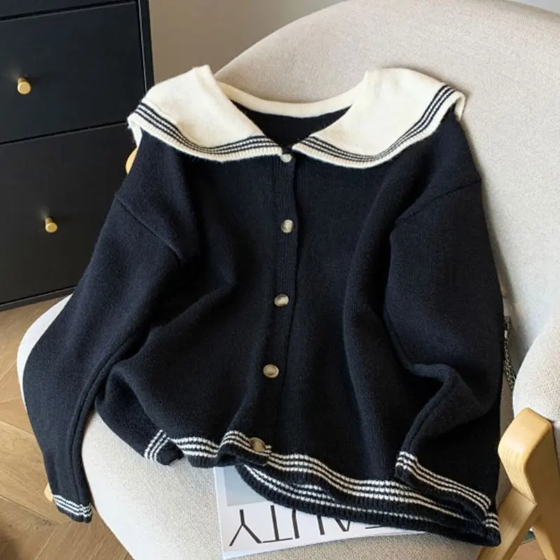 Preppy Style Sailor Collar Sweaters Female Clothing Loose Fashion Spliced Autumn Winter New Commute Long Sleeve Knitted Cardigan