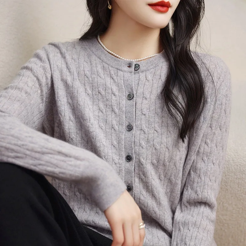 2024 Winter New Vintage Round-Neck Knit Cardigan for Women - Loose Versatile Cabled Knit Sweater for Layering