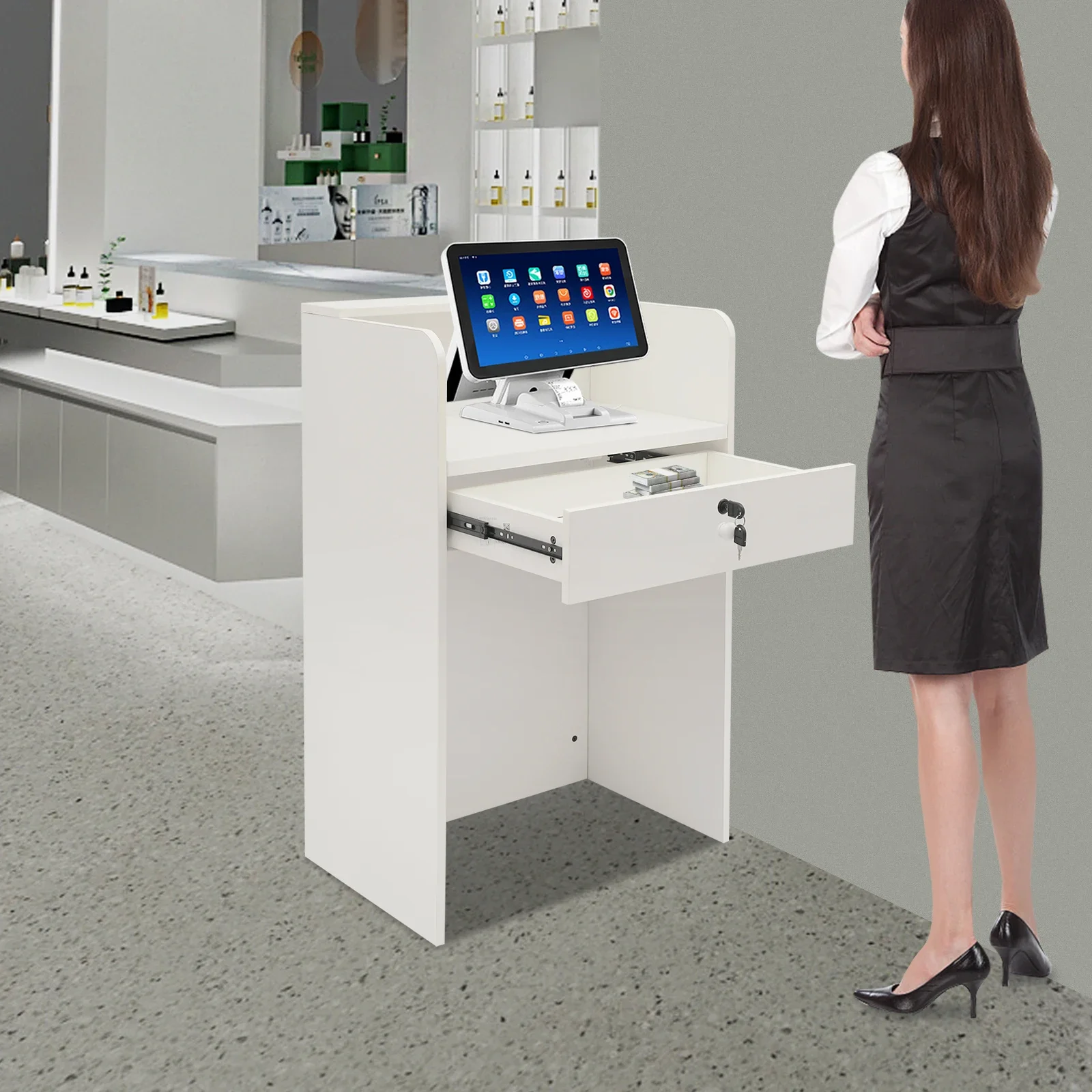 Rectangular Checkout Counter Reception Desk, Reception Desk with LED Light, Checkout Counter Desk with Storage Drawer