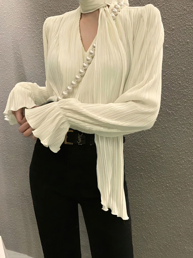 Pleated Elegant Long sleeve Blouse With Ties Women Luxury Ruffle V neck Basic Top Casual Oversize Lady Office Wear Korean Chic