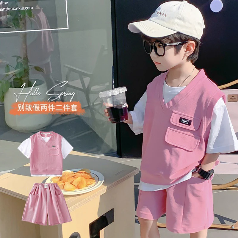 Summer Boys Casual Clothing Set Spliced Fake Two Short Sleeve T-shirt+Shorts 2Pcs Suit For 2-8 Years Kids Sportswear Outfit