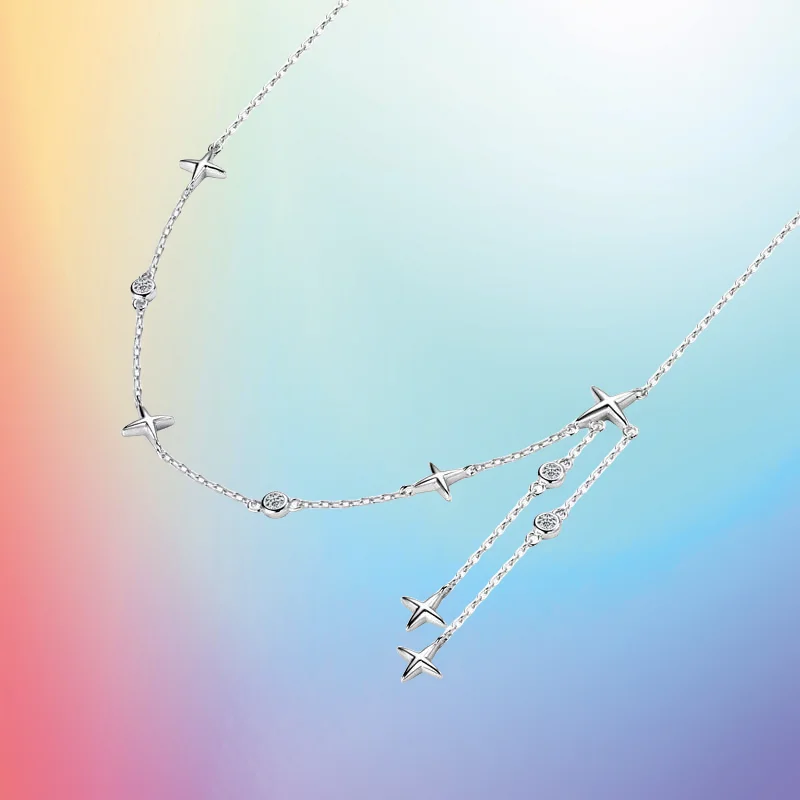 New S925 Sterling Silver Gypsy Star Fringed Necklace Women Mozambican Diamond Niche Korean Version of Small Fresh Collarbone Cha