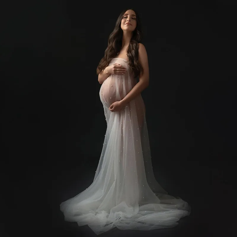 Sexy Pearl See Through Maternity Photography Dress Tulle Wrap Scarf Lace Pearls Bundles For Pregnancy Photoshoot Clothing