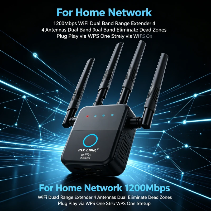 For Home Network 1200Mbps WiFi Dual Band Range Extender 4 Antennas Dual Band Eliminate Dead Zones Plug Play via WPS One Setup