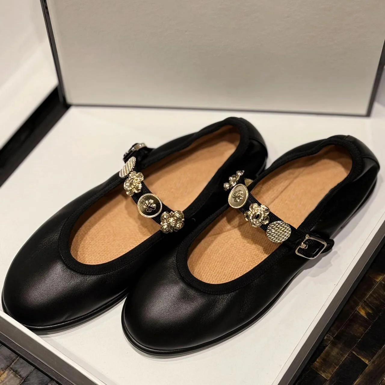 Soft Soled Genuine Leather Small Gold Buckle Mary Jane Single Shoes Ballet Style Flat Shoes Small Leather Shoes Scoop Shoes