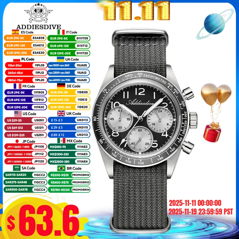 

ADDIESDVIE 37mm New Men's Chronograph Watch 10Bar Waterproof BGW9 Super Luminous Nylon Strap VK63 Movement Quartz Watches AD2517