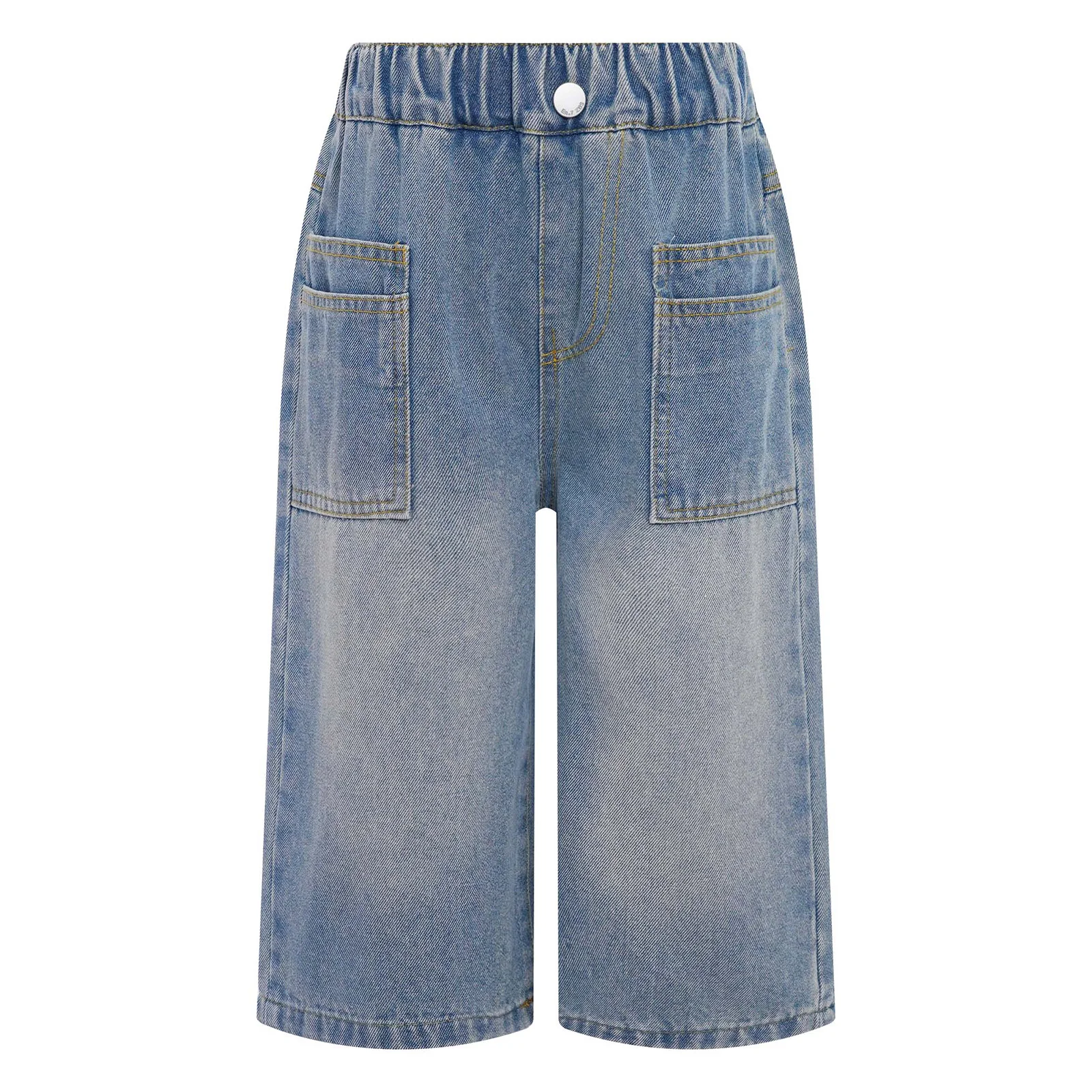 

Kids Girls Boys Denim Shorts Pants Fashion Elastic Waistband Wide-Leg Cropped Jeans Pants with Pockets for Park Picnic Dailywear