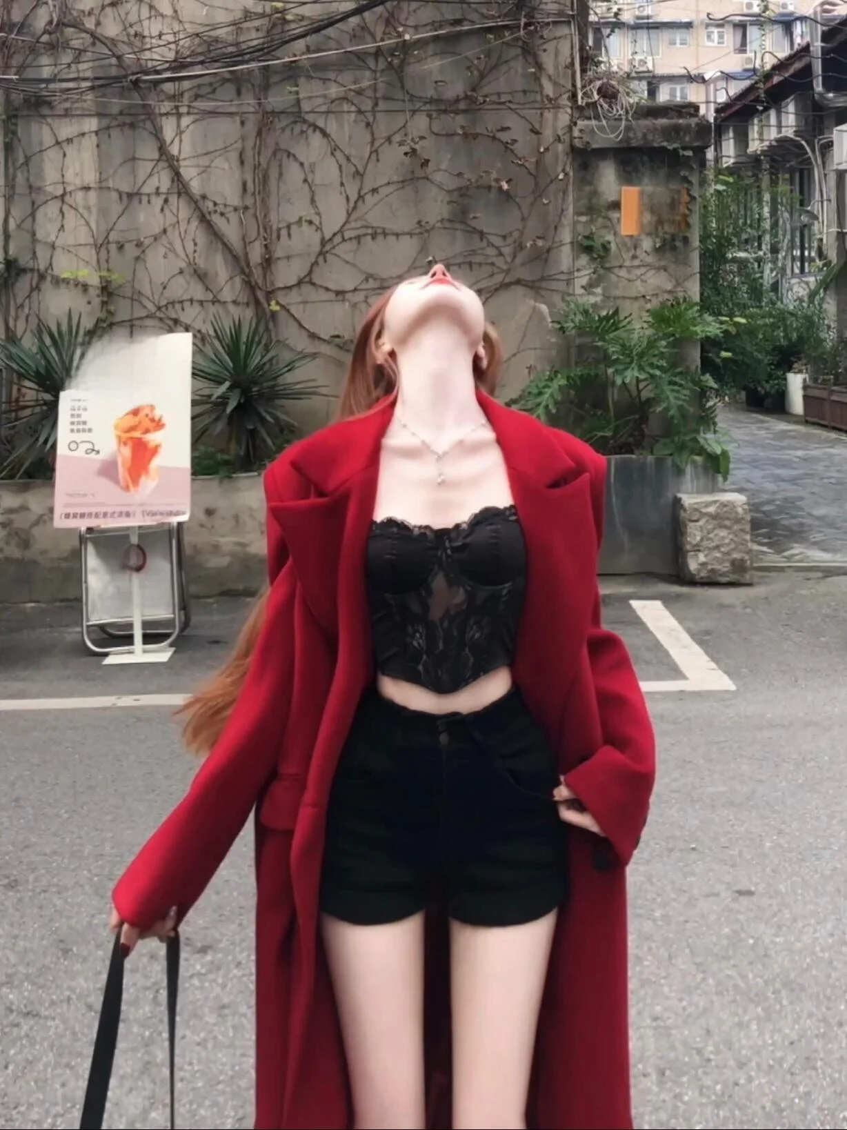 

Red Woolen Coat Long Waist-Cinching Thiened Ele Fem Outerwear for New Year's Celebration Autumn Winter High-End Feel