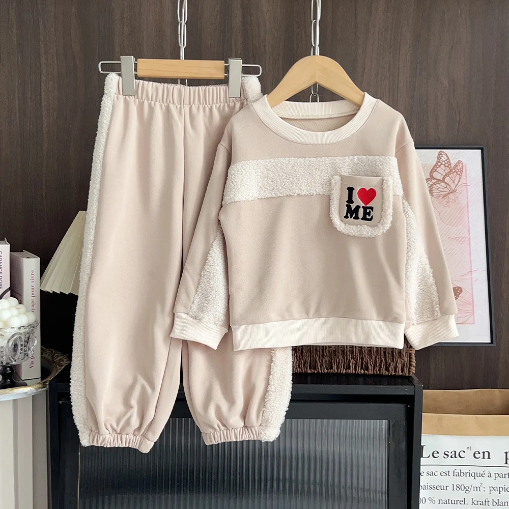 Autumn and Winter Promotion Khaki Lamb Wool Patchwork Embroidered Hoodie+pants Two-piece Set Korean Version