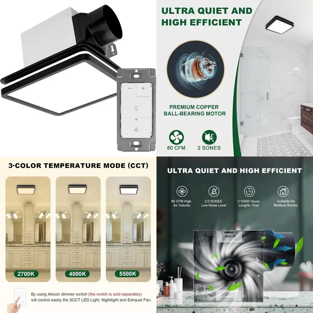 

Мощный вытяжной вентилятор для ванной комнаты 80CFM с 2,0 сторон, светодиодной подсветкой 3CCT и диммером, функция ночника для повышенного комфорта