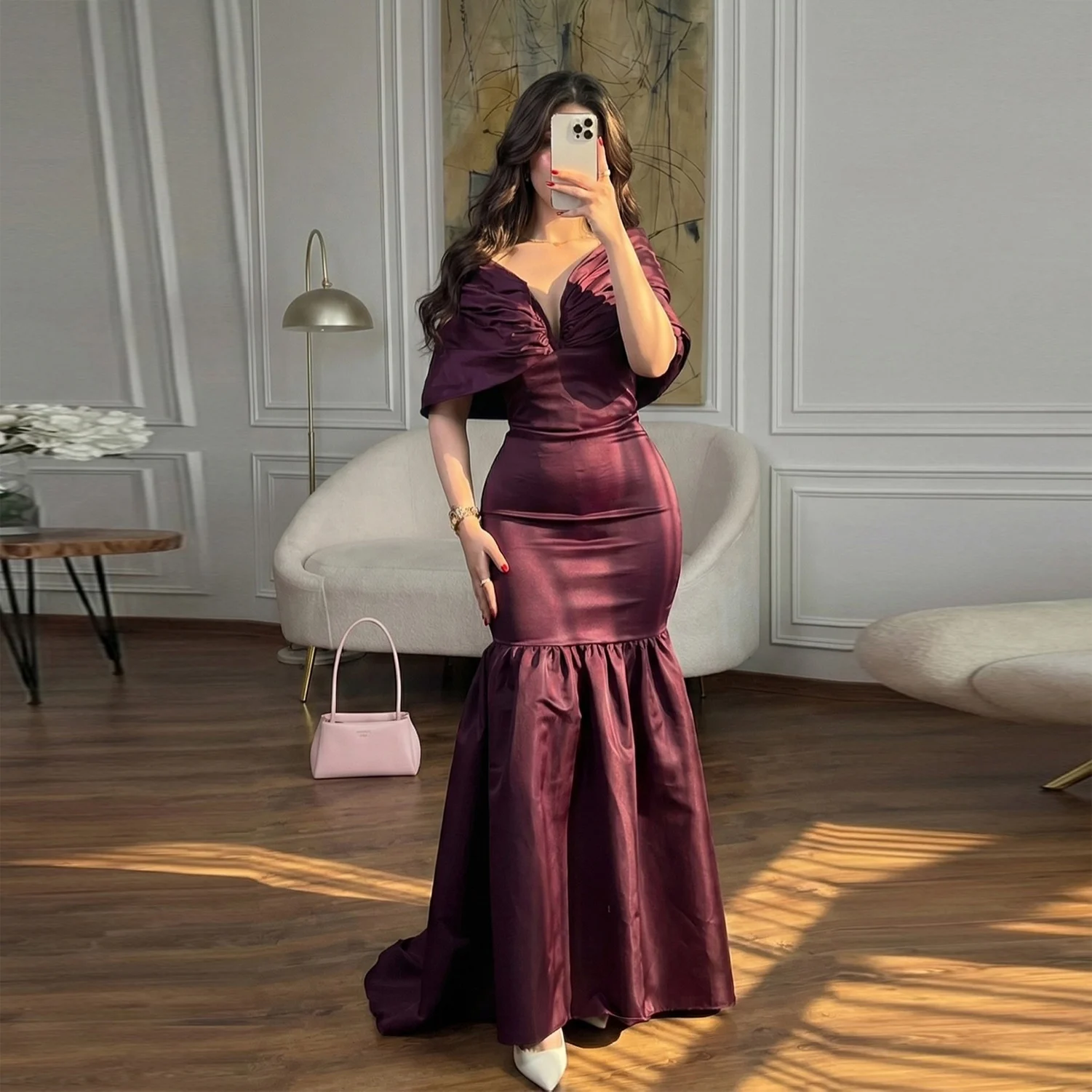 

Бордовое атласное вечернее платье с открытыми плечами, фасон «русалка», длиной в пол, для женщин, для торжественных мероприятий