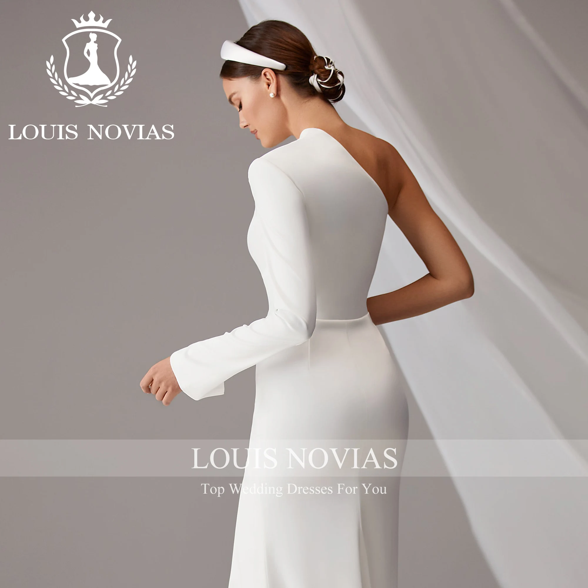 LOUIS NOVIAS Mermaid Long Sleeve Wedding Dress High Quality One Shoulder Thigh Split Zipper Wedding Gown Vestidos De Novia