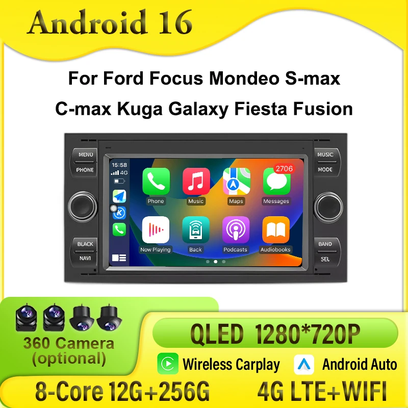Rádio Automotivo para Ford Focus Mondeo S-max C-max Kuga Galaxy Fiesta Fusion Carplay Android Auto Reprodutor Multimídia GPS Navegação WIFI