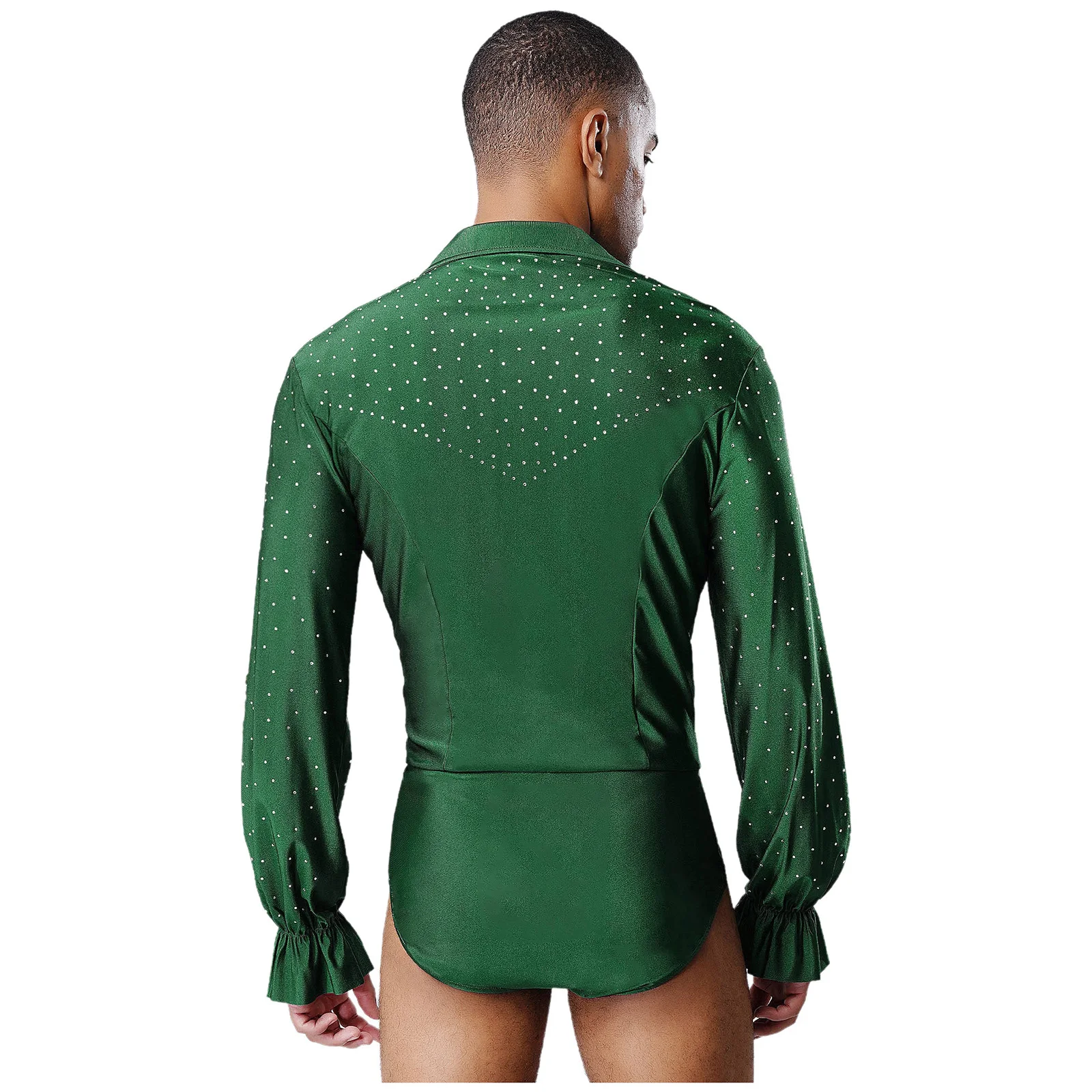 Mens Latin Jazz Dance Leotard Deep V Neck Long Sleeve Glitter Rhinestones Open Crotch Bodysuit Dancewear for Ballet Prince Stage