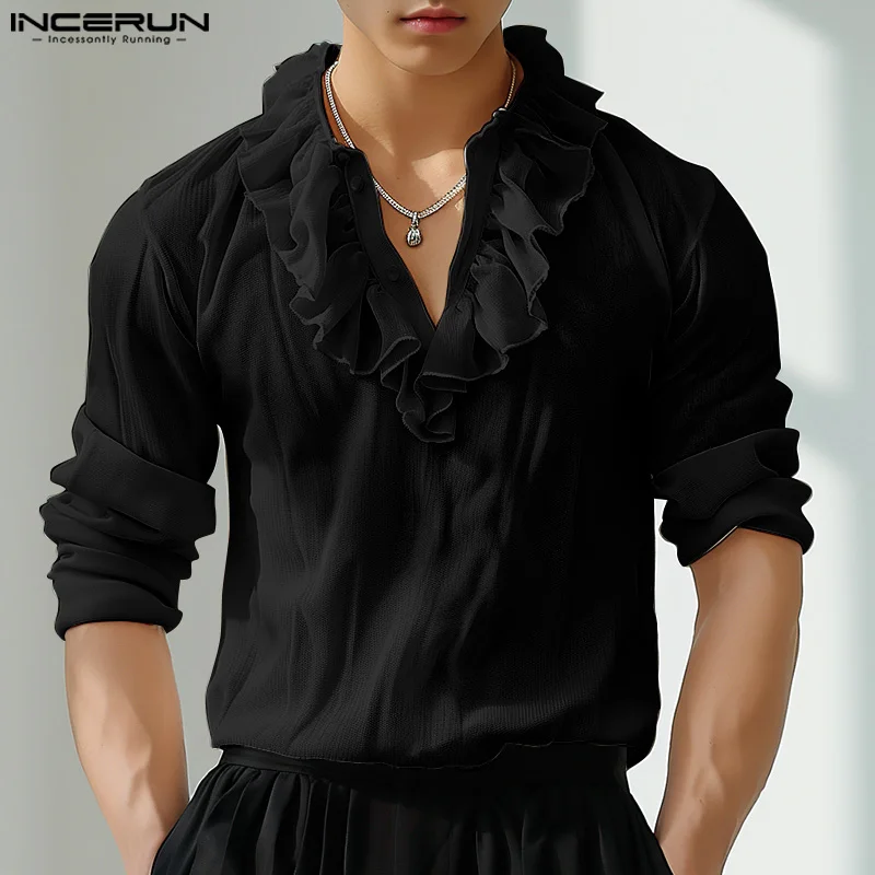 INCERUN Tops 2024 Korean Style Fashion Men\'s Ruffle Edge Splicing Mesh Shirts Casual Streetwear Solid Long Sleeved Blouse S-5XL