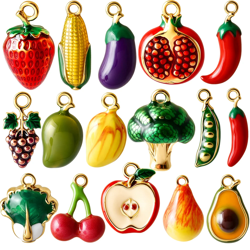 3Pcs Gold Plated Enamel Fruit Vegetable Charms Strawberry Banana Avocado Chili Pendant For DIY Bracelet Necklace Jewelry Making
