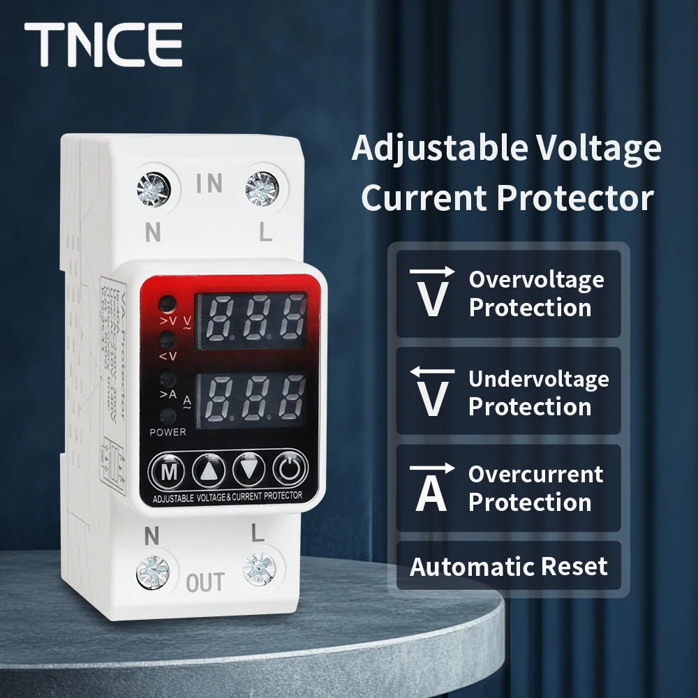Protector de Voltaje Ajustable para Riel DIN TNCE 40A/63A, Dispositivo de Protección Contra Sobretensión y Bajo Voltaje, Protector de Voltaje con Pantalla Digital