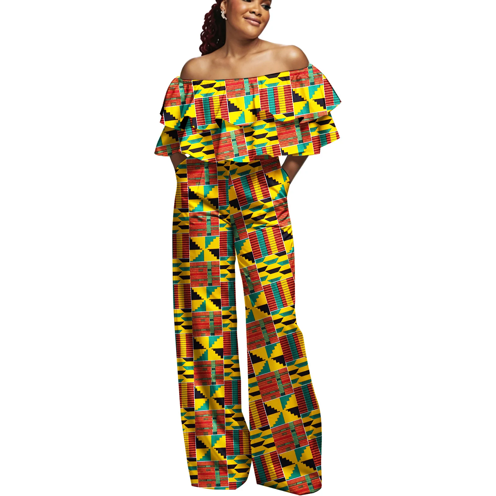 african-kente-print-outfit-for-women-ankara-off-shoulder-ruffle-top-and-wide-leg-pants-party-wedding-wear