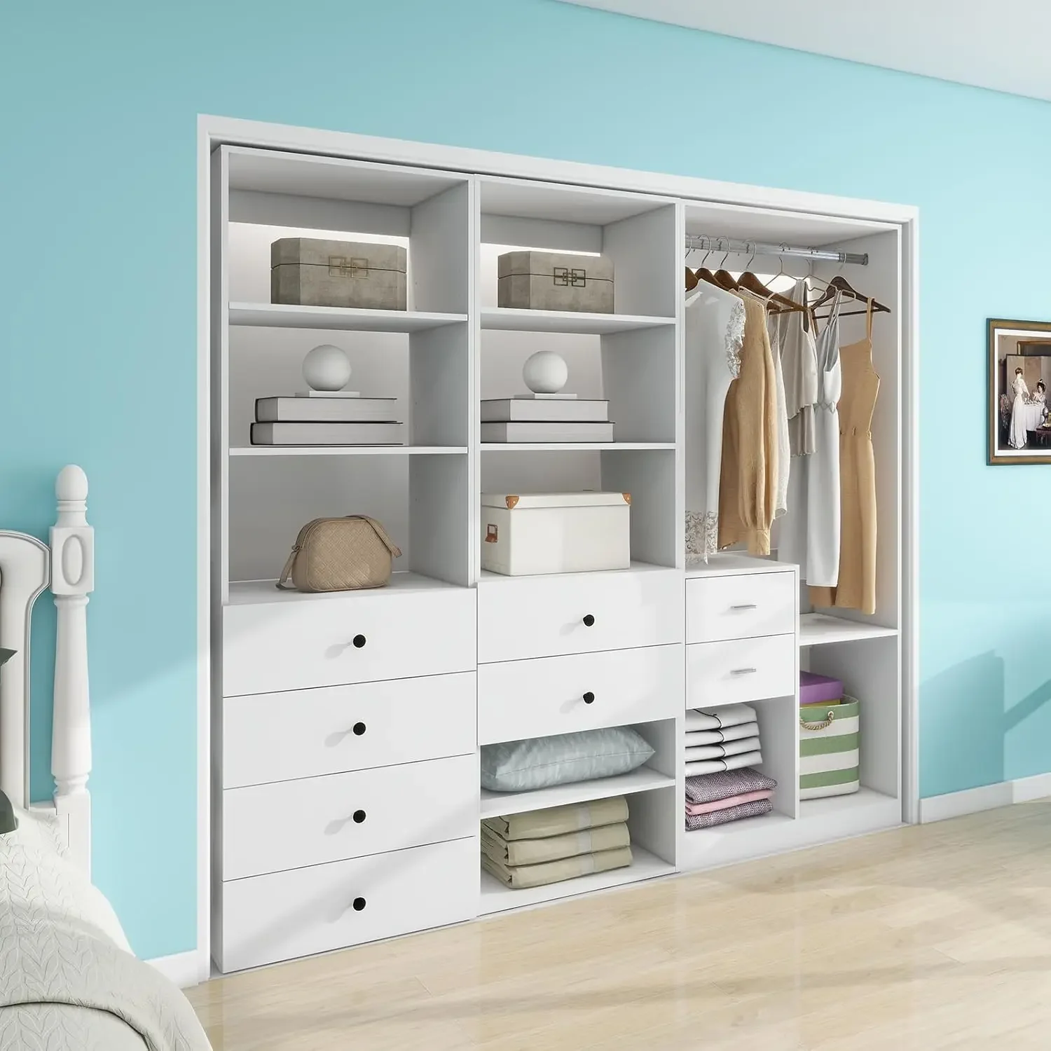 Closet System, Closet Organizer with 8 Drawers, Modual Closet with Hanging Rail, Organizerand Storage System for Bedroom