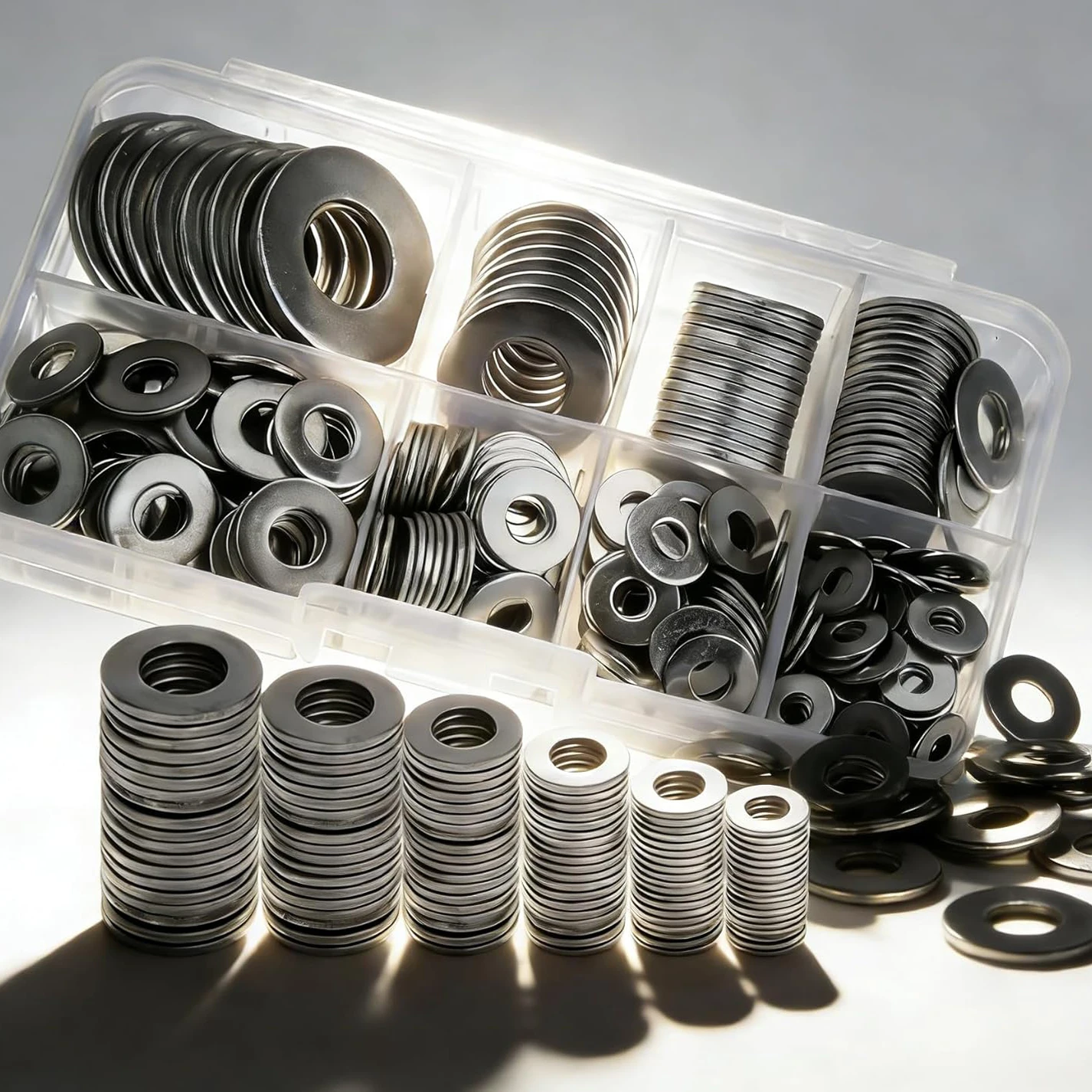 105-Piece Flat Washer Assortment, M3-M10 Metric Washers, Multi-Spec Metal Flat Washers, Home Repair Hardware Kit, Washers for Electronic Devices/Furniture, Bicycle Repair Washers, Mixed Specification Metric Washers, Small DIY Project Hardware Parts, Universal Fastening Washers