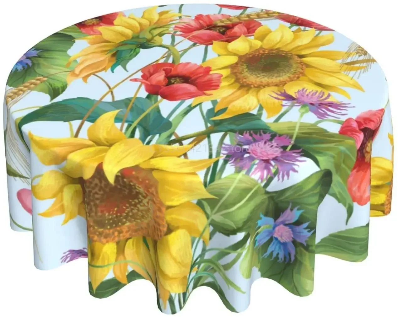 Floral Round Tablecloth 60 Inch Sunflower Poppy Flower Decorative Teal Background Spring Round Table Cloth