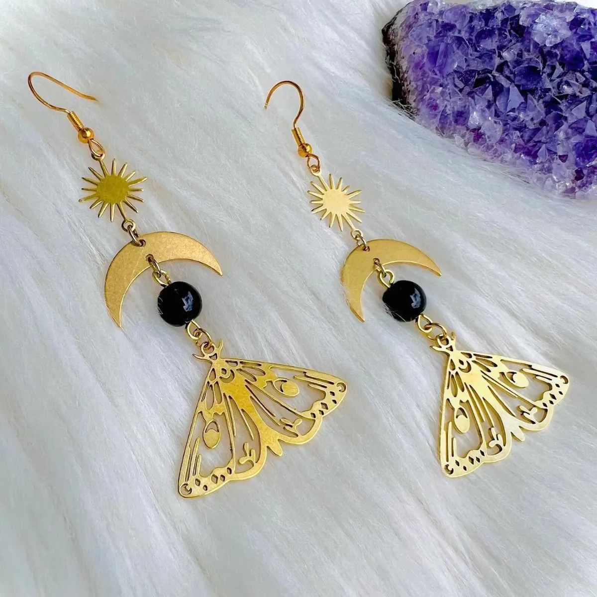 أقراط العثة، مجوهرات بوهيمية، حشرات، شمس، قمر، خرز أسود، تجهيزات نحاسية، فراشات، عثة مجوفة، خطافات أذن للنساء #4