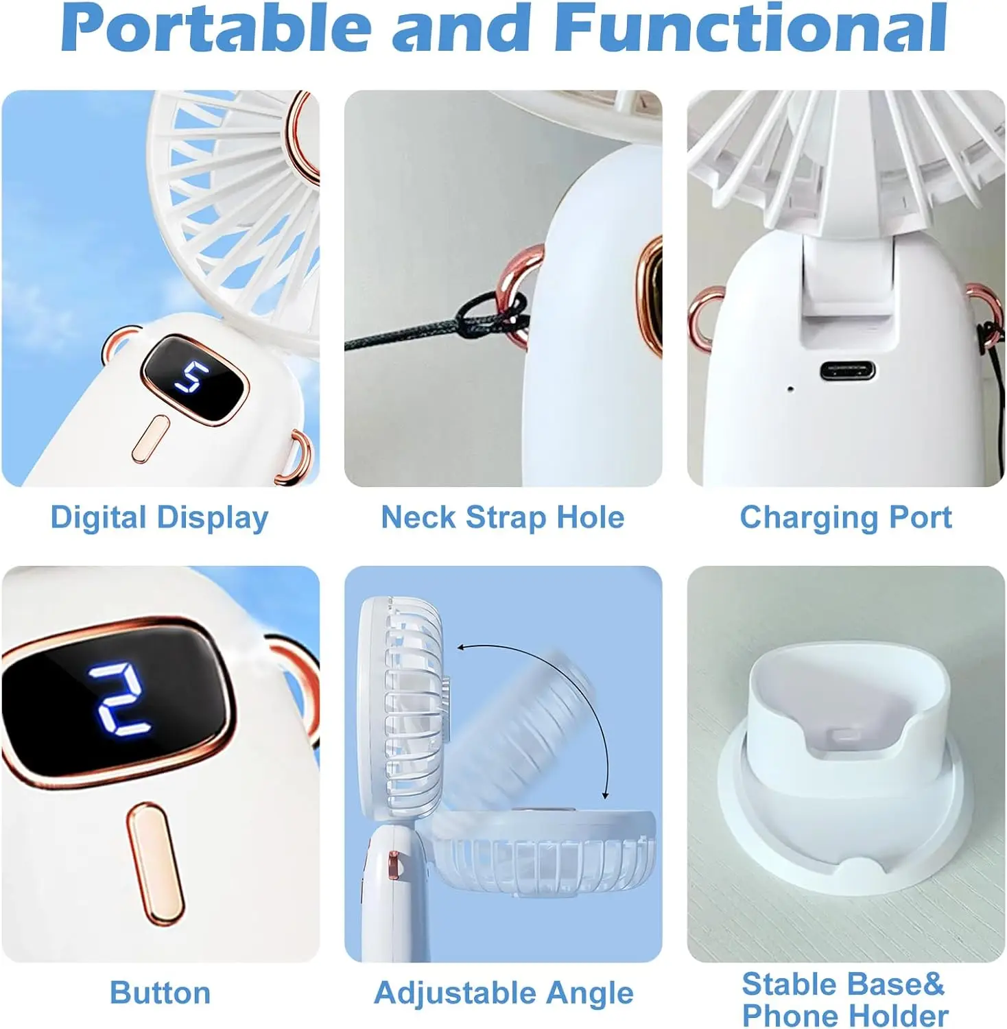 Portable Fan, Personal Fan, 5-IN-1  Mini Fan, USB Rechargeable Fan, 3000mAh Battery with 5 Speed, Portable Travel Fan for Women
