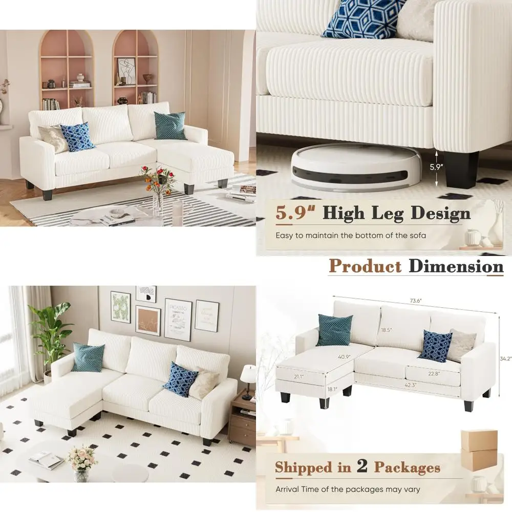 

Convertible Chaise Sofa, 3-Seat L-Shaped Couch, Comfortable Corduroy for Small Apartments, Living Room Furniture